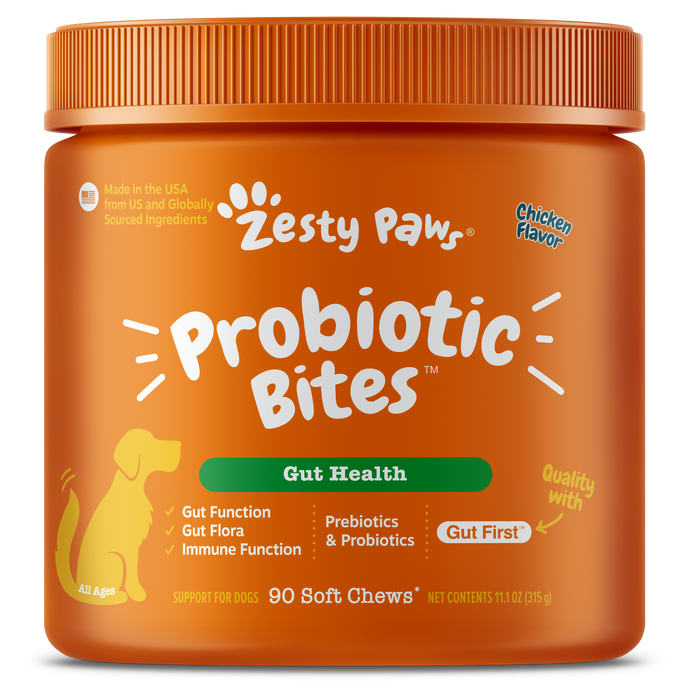 Orange jar of Zesty Paws Probiotic Bites dog supplement with chicken flavor, 90 soft chews, 11.1 oz.