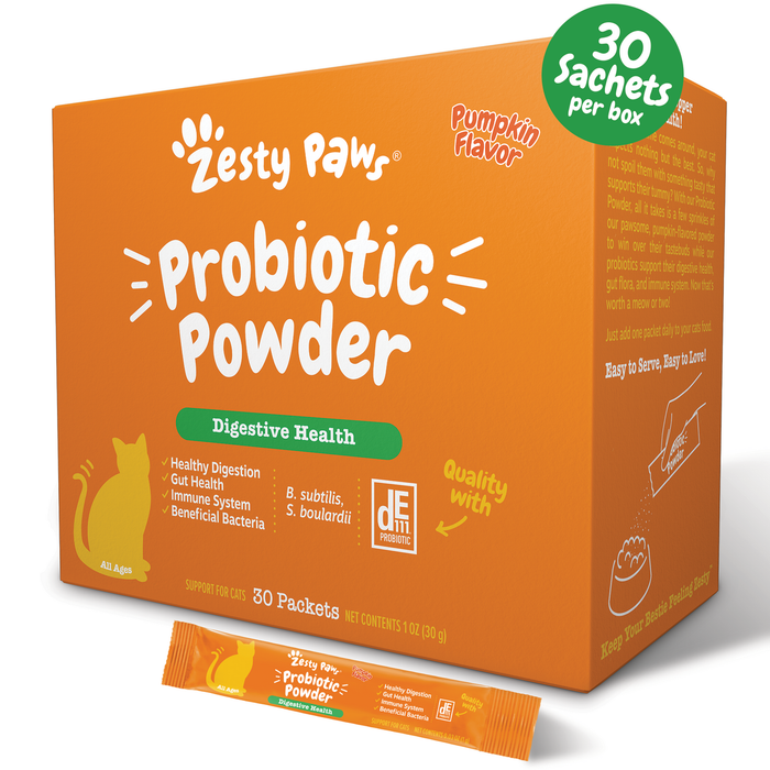 Zesty Paws Probiotic Powder for cats in orange box with pumpkin flavor, containing 30 sachets for digestive health.