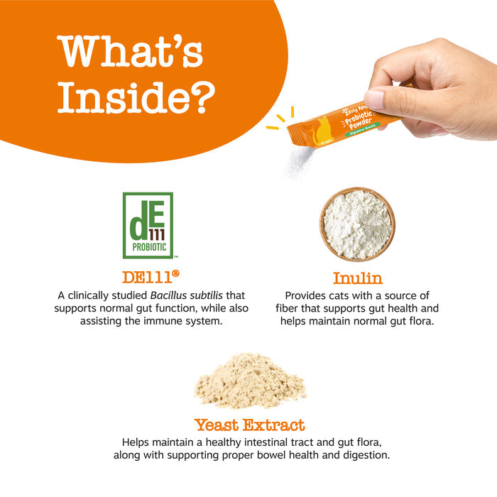 Hand dispensing orange probiotic powder packet with white powder in bowl and tan powder pile below showing ingredients.