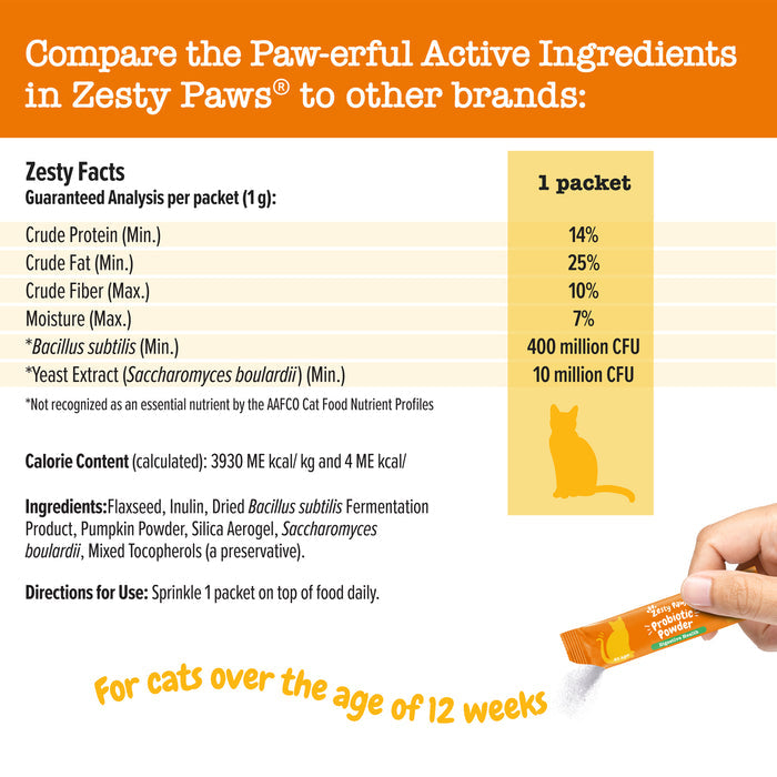 Orange packet of probiotic powder with nutritional information and yellow cat silhouette graphic.