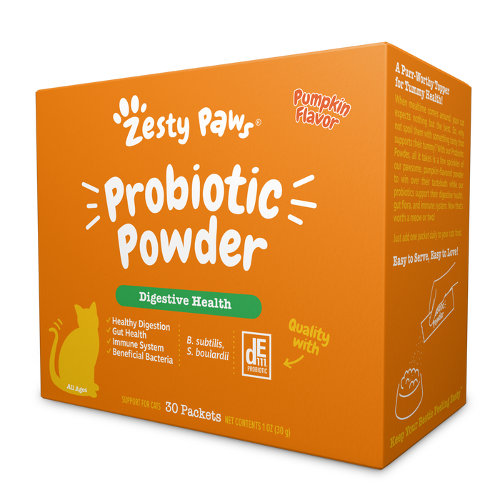 Orange box of Zesty Paw probiotic powder for cats in pumpkin flavor, containing 30 packets for digestive health.