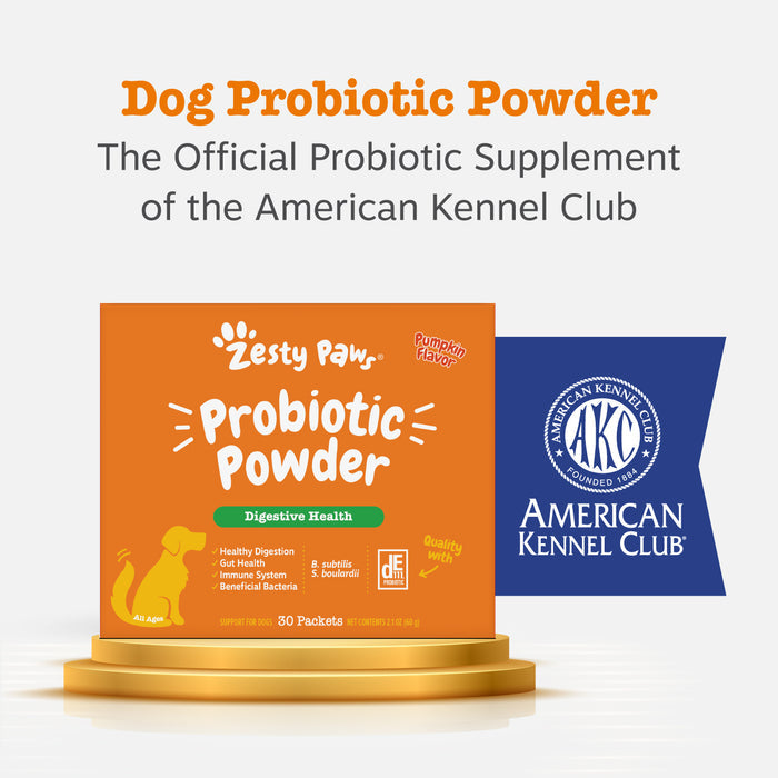 Zesty Paw probiotic powder packet in orange with pumpkin flavor and American Kennel Club certification badge displayed on gol