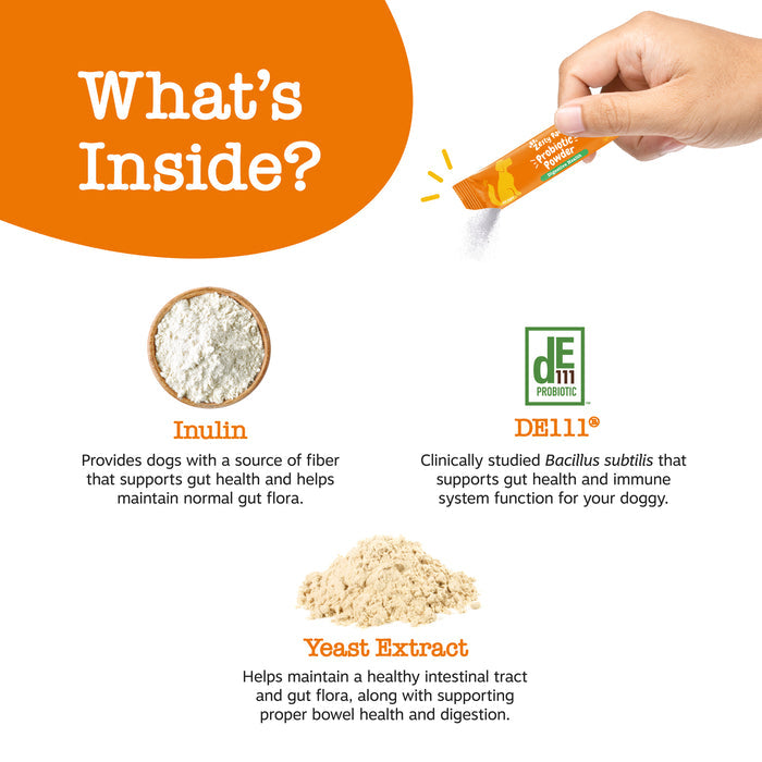 Hand dispensing orange probiotic powder packet above bowl of inulin powder, yeast extract, and DE111 probiotic ingredient lab