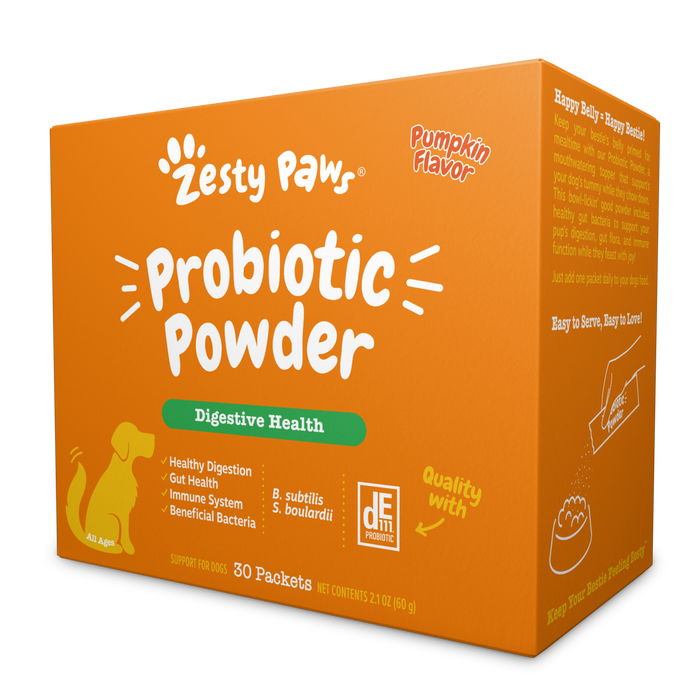 Orange box of Zesty Paw probiotic powder for dogs with pumpkin flavor, containing 30 packets.