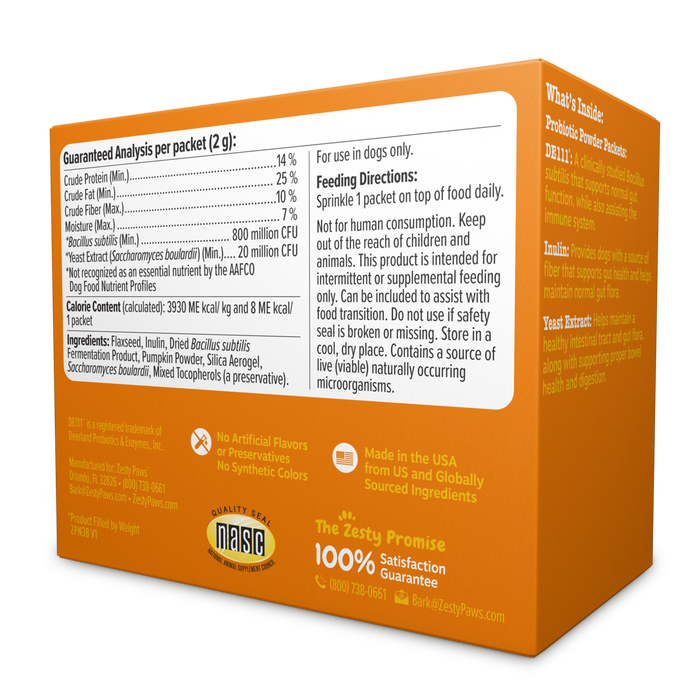 Orange box of probiotic powder for dogs with nutritional information, ingredients, and feeding directions displayed on packag