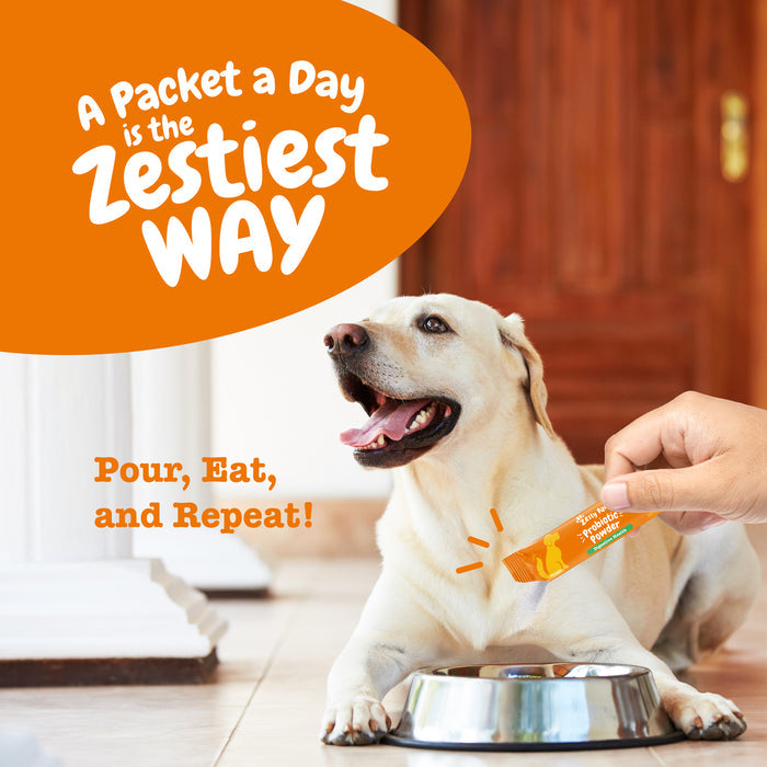 White dog sitting by metal bowl while person holds orange probiotic powder packet above it.