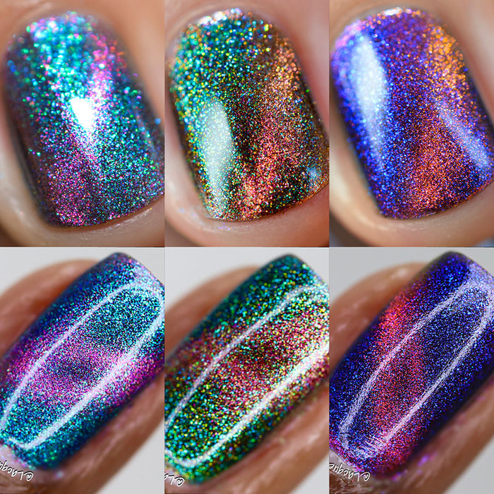 Collage of close-ups of single nails painted with Psilo-Siblings Trio Nail Lacquer on fair, medium and deep skin tones.
