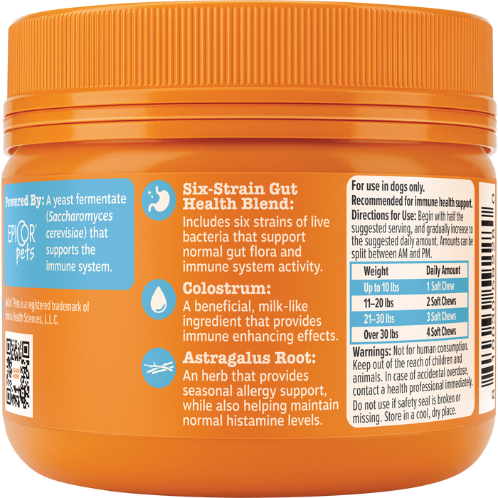 Orange jar of puppy allergy and immune support chews with blue icons and white text detailing ingredients and dosage informat