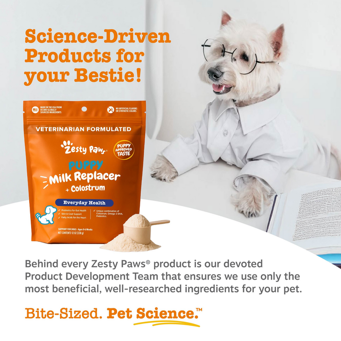 Orange Zesty Paws Puppy Milk Replacer with Colostrum pouch with scoop and white puppy wearing glasses.