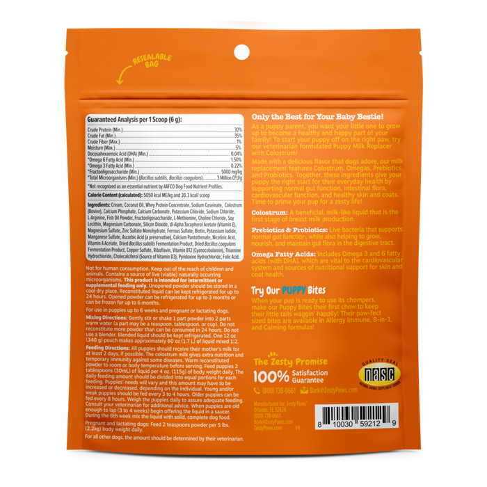 Orange resealable pouch of puppy milk replacer powder with nutritional information and feeding instructions printed on front