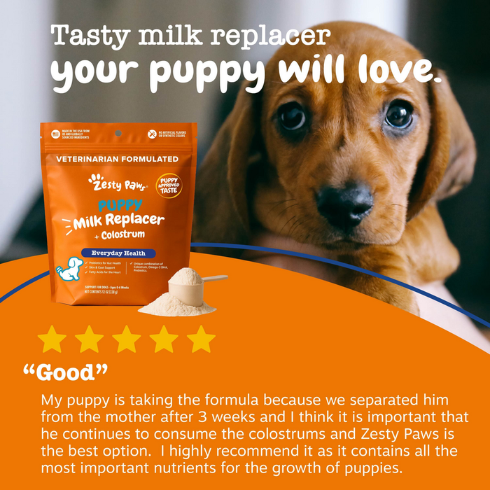 Orange Zesty Paws puppy milk replacer pouch with colostrum next to a measuring scoop and brown puppy.