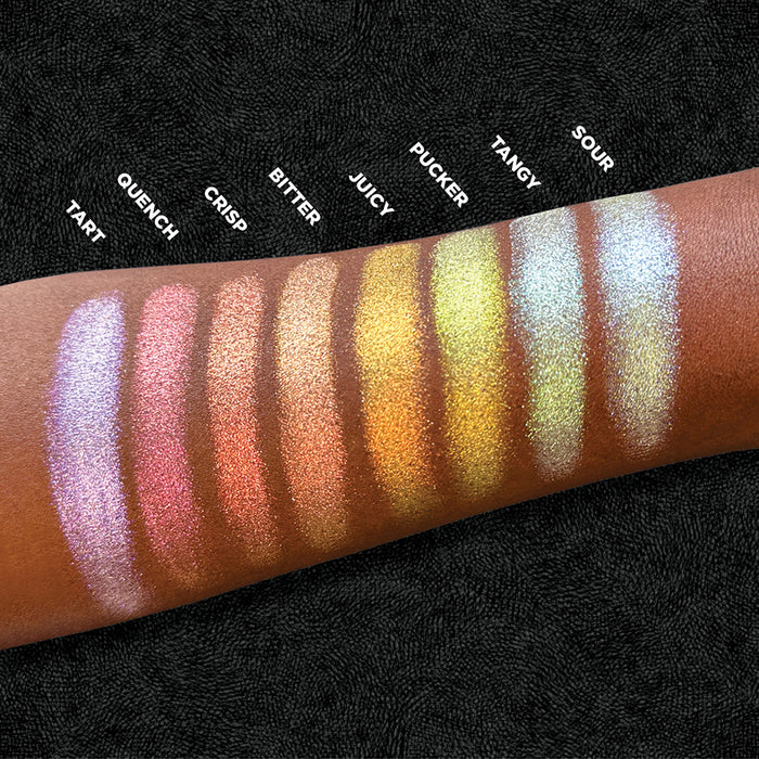Arm swatches of the Fruightlighter Bundle on deep skin tone.
