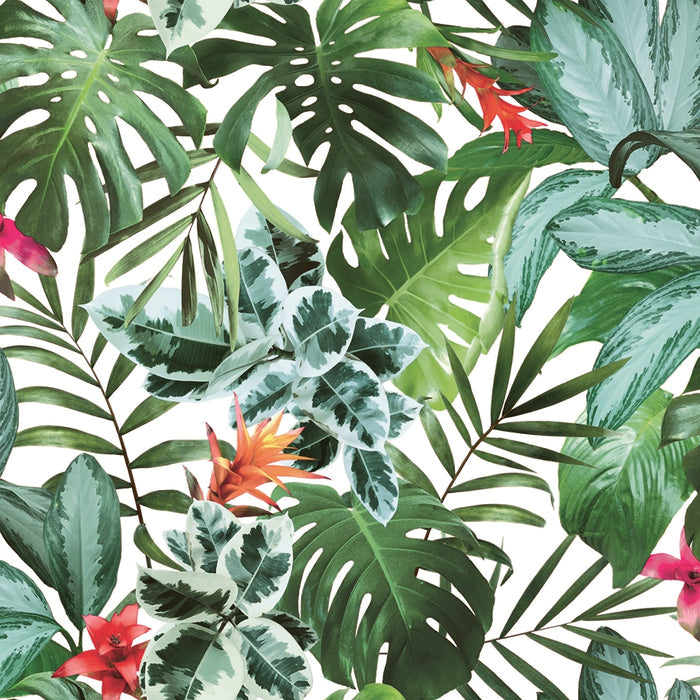 An image showing the repeating leaves and flowers on this rainforest removable wallpaper from Tempaper.