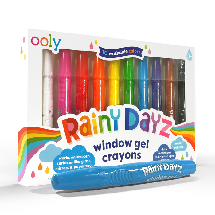 Quarter angle of packaging of OOLY Rainy Dayz Window Gel Crayons on a white background