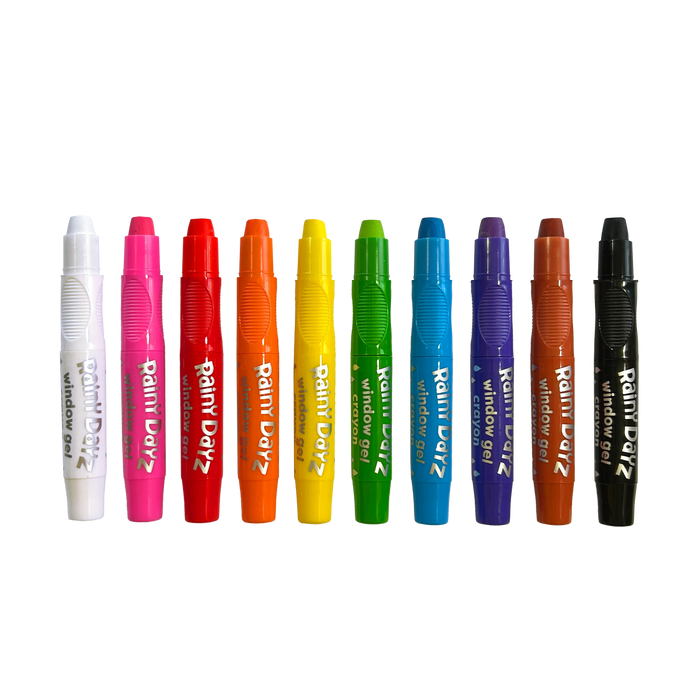 Row of uncapped OOLY Rainy Dayz Window Gel Crayons on a white background