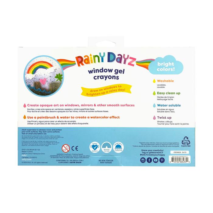 Back of packaging of OOLY Rainy Dayz Window Gel Crayons on a white background