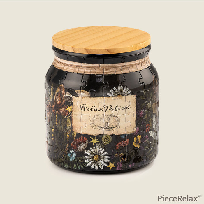 Unwind with our 96-piece "Relax Potion" puzzle in a charming jar. Featuring intricate floral designs and a cozy cat, PieceRelax provides a soothing experience. You'll always get there with PieceRelax!