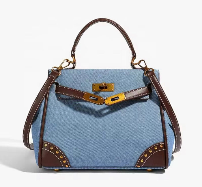 Retro denim handbag tote bag with brown leather handles and gold hardware from Travellers Hat Boutique
