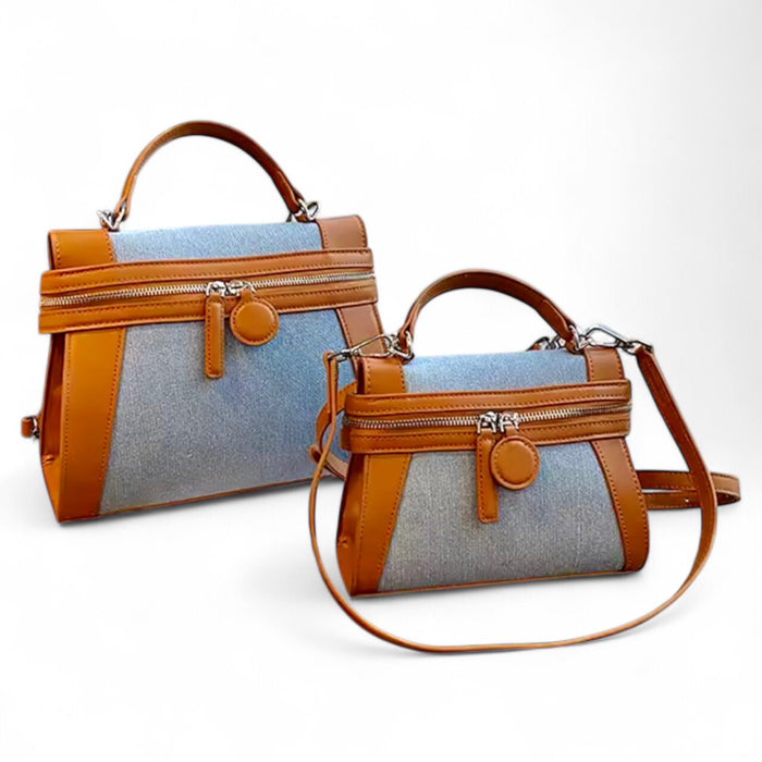 Travellers Hat Boutique retro denim handbag tote bag with brown leather trim and zippered compartments