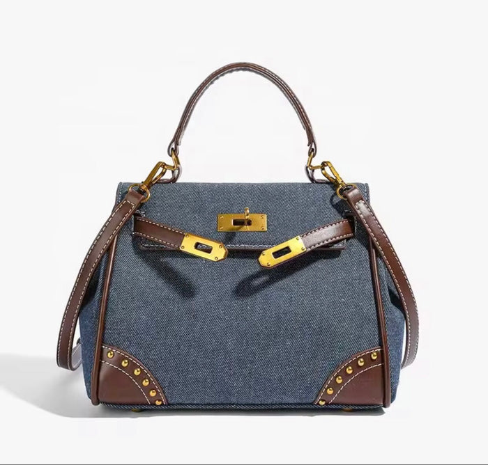 Travellers Hat Boutique retro denim handbag tote bag with brown leather handles and gold-tone hardware