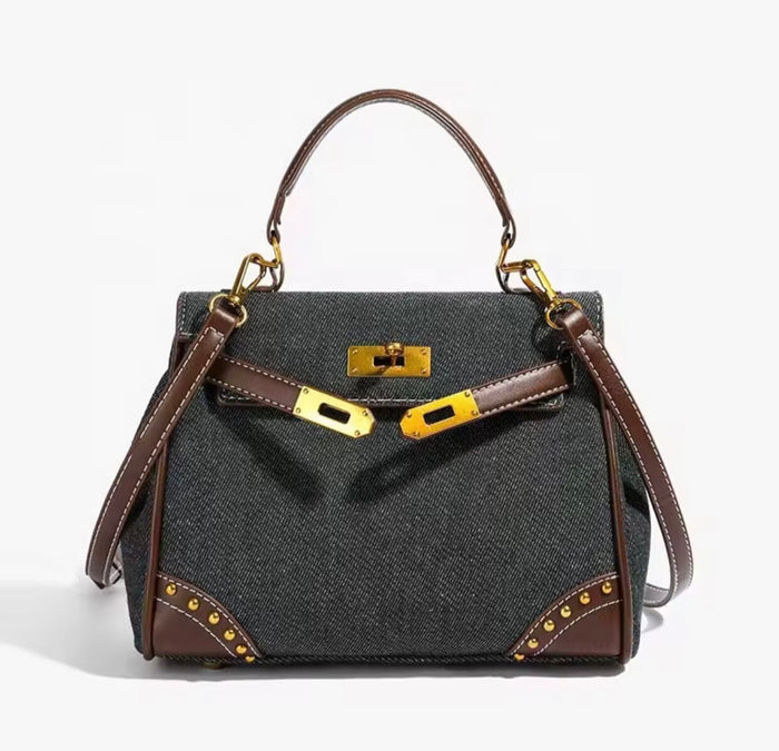 Retro denim handbag tote bag with brown leather straps and gold hardware from Travellers Hat Boutique