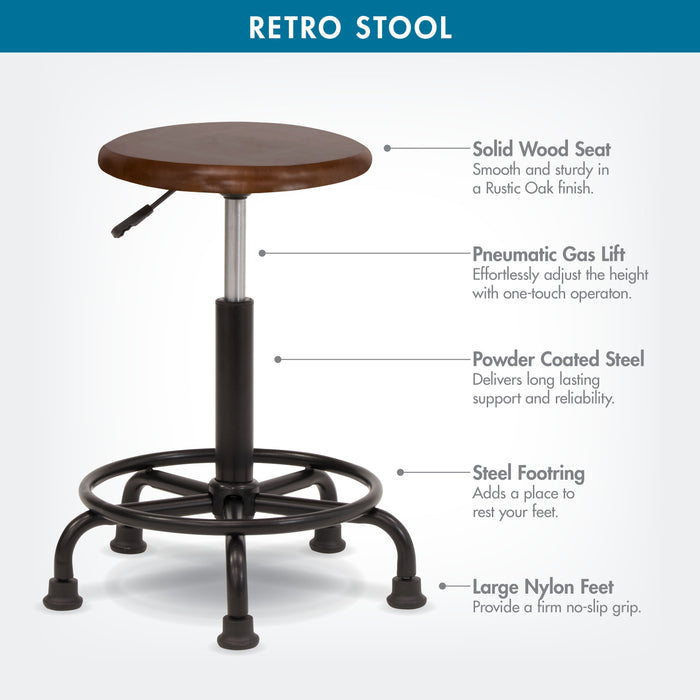 Retro Wood Seat (13.75" Diameter) and Metal Height Adjustable Swivel Stool with Foot Ring for Home or Art Studio Rustic Oak-13307
