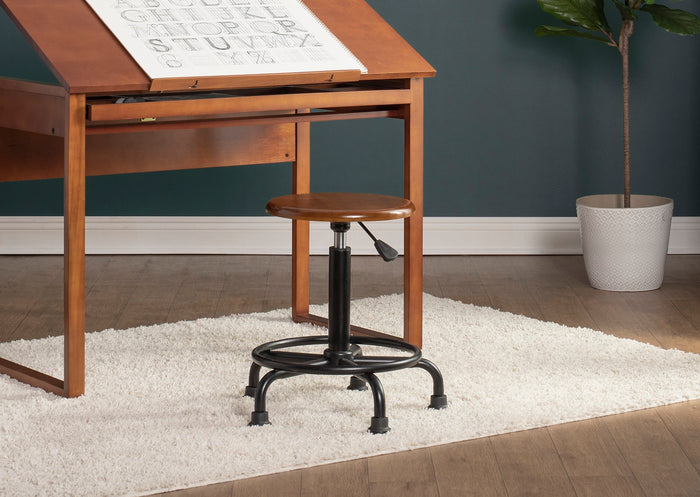 Retro Wood Seat (13.75" Diameter) and Metal Height Adjustable Swivel Stool with Foot Ring for Home or Art Studio Rustic Oak-13307