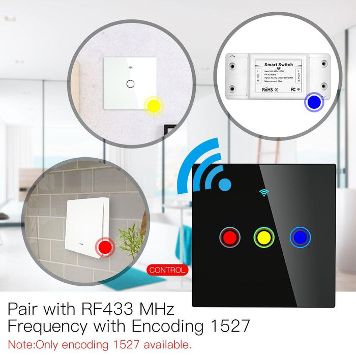 RF433 MHz Wireless Wall Glass Panel Transmitter Switch 1/2/3 Gang - Moes