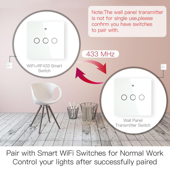 RF433 MHz Wireless Wall Glass Panel Transmitter Switch 1/2/3 Gang - Moes