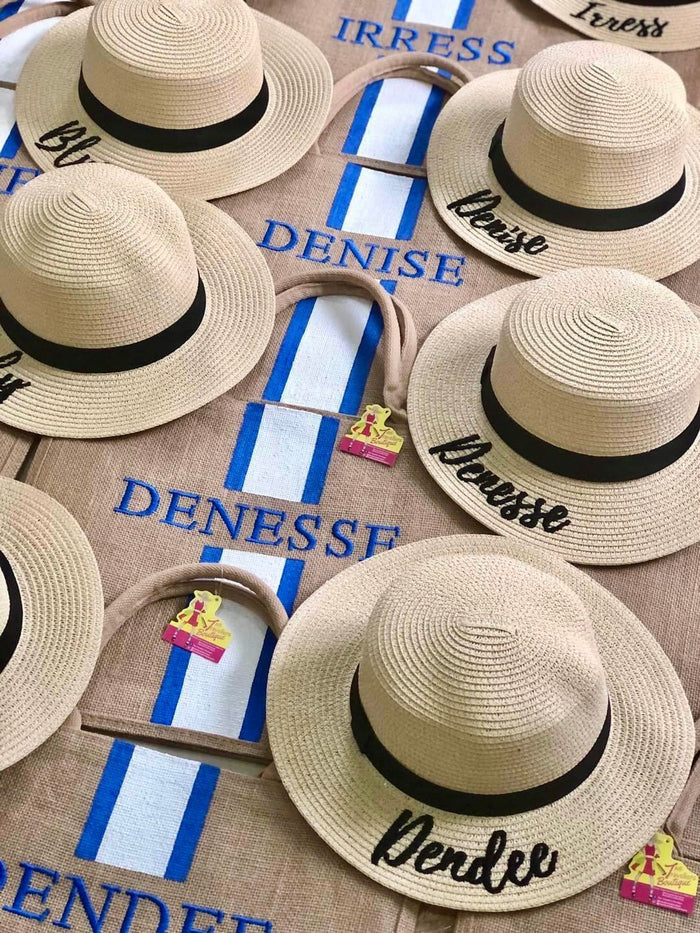 Custom embroidered round hat in beige with black band and personalized name embroidery by Travellers Hat Boutique