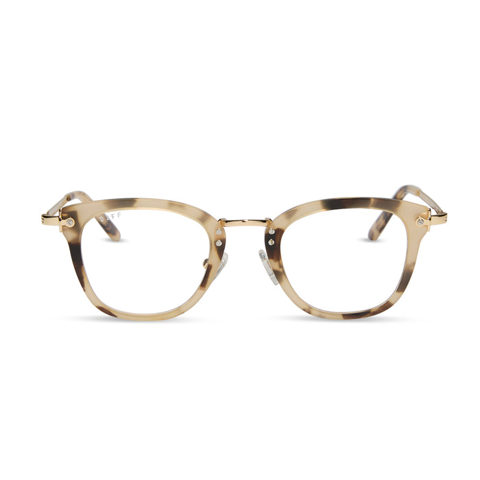 diff eyewear rue square glasses with a cream tortoise acetate frame and prescription lenses front view