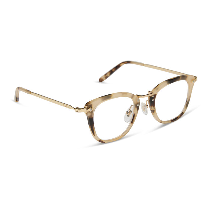 diff eyewear rue square glasses with a cream tortoise acetate frame and prescription lenses angled view