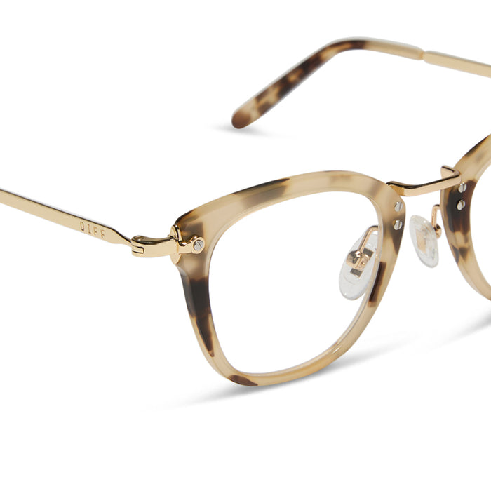 Rue prescription glasses with cream tortoise detailed shot