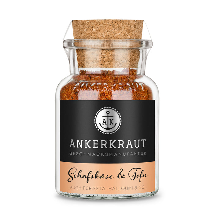 Schafskäsegewürz von Ankerkraut im Korkenglas auf weißem Hintergrund.