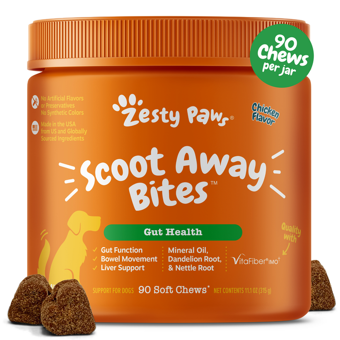 Orange jar of Zesty Paw Scoot Away Bites chicken flavor dog chews with brown soft chew pieces displayed in front.