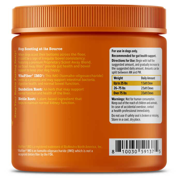 Orange jar of Scoot Away Bites dog supplement with ridged cap and product information labels on front and back.