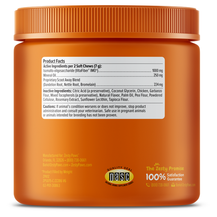 Orange jar of soft chew dog supplements with product facts label and NASC quality seal visible.