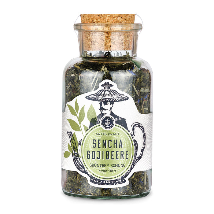 Goji Beeren Tee von Ankerkraut im Korkenglas auf weißem Hintergrund.