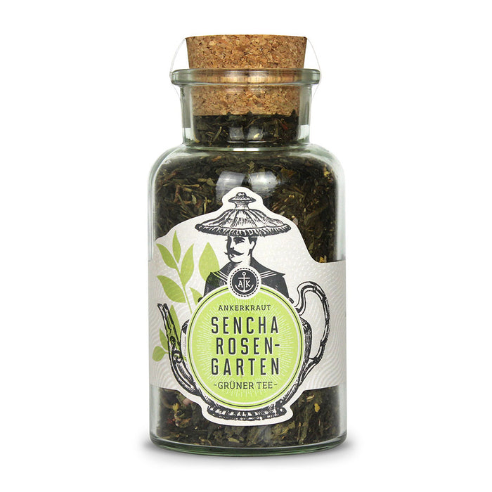 Ankerkraut Sencha Rosengarten Grüntee im Korkenglas auf weißem Hintergrund.