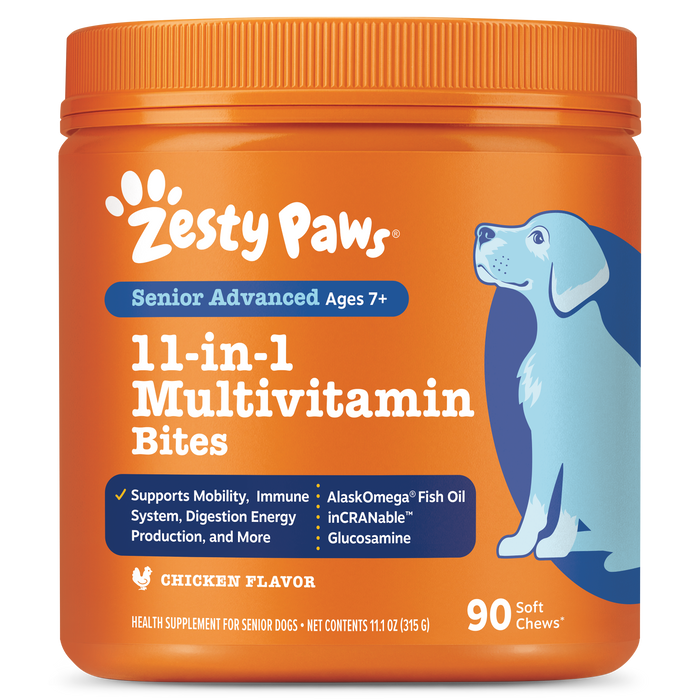 Orange container of Zesty Paws Senior Advanced 11-in-1 Multivitamin Bites with white text, blue accents, and illustration of