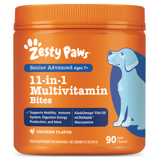 Orange container of Zesty Paws Senior Advanced 11-in-1 Multivitamin Bites with white text, blue accents, and illustration of