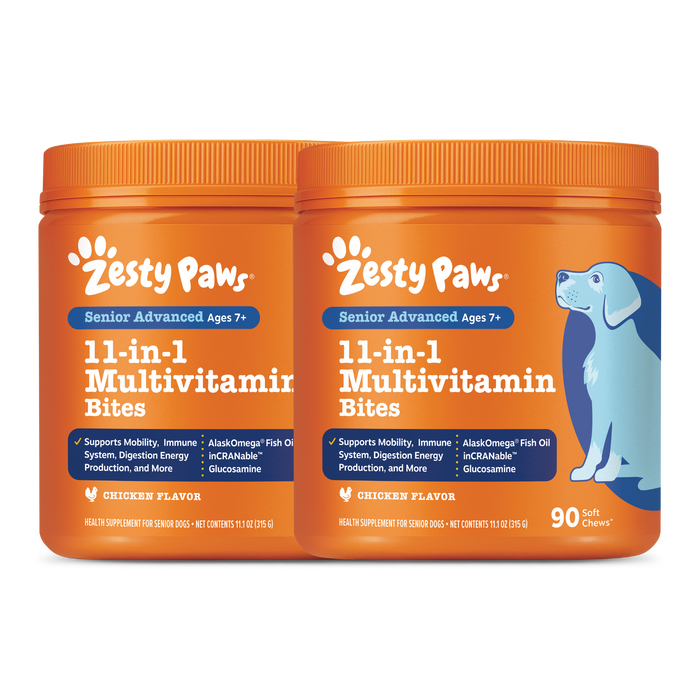 Two orange Zesty Paws containers of Senior Advanced 11-in-1 Multivitamin Bites for dogs ages 7+, chicken flavor, with 90 soft