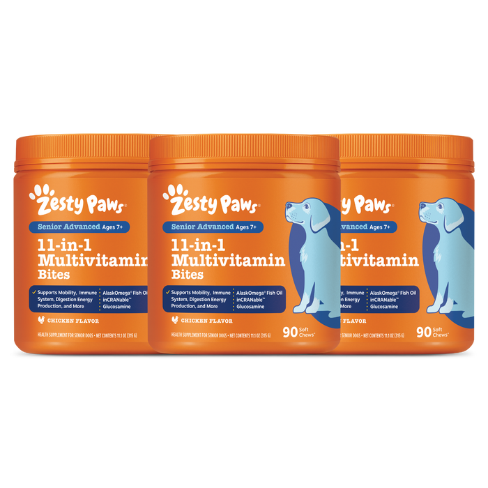 Three orange Zesty Paws Senior Advanced 11-in-1 Multivitamin Bites containers with chicken flavor, 90 soft chews each.
