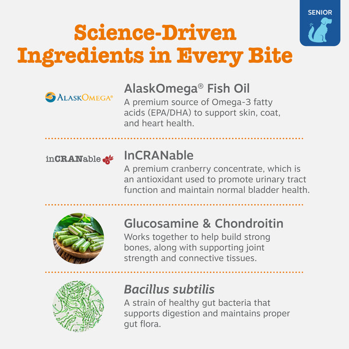 Infographic listing ingredients for senior dog multivitamin bites including AlaskOmega fish oil, InCRANable cranberry, glucos