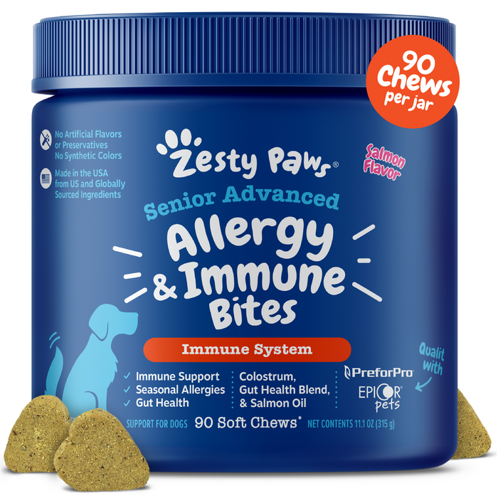 Blue jar of Zesty Paw Senior Advanced Allergy & Immune Bites with salmon flavor, containing 90 soft chews, displayed with thr