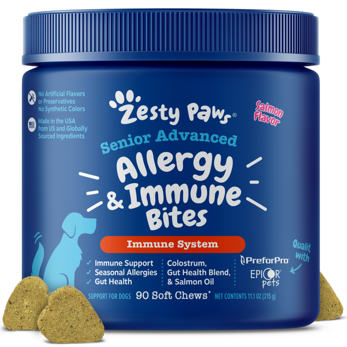 Blue jar of Zesty Paws Senior Advanced Allergy & Immune Bites with salmon flavor, containing 90 soft chews, displayed with th
