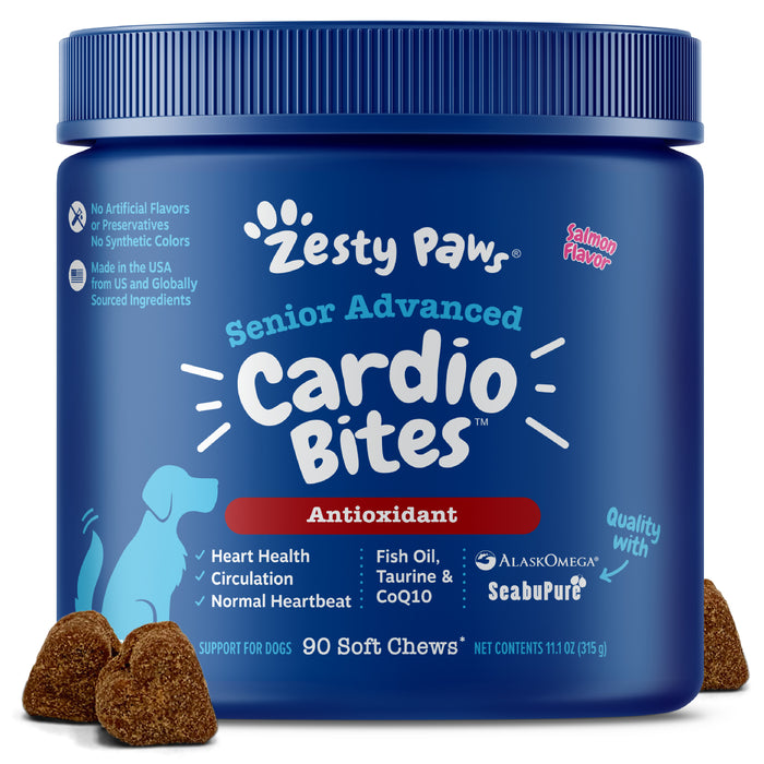 Blue container of Zesty Paws Senior Advanced Cardio Bites for dogs with salmon flavor, surrounded by brown soft chews.