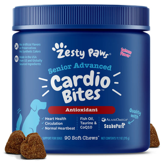 Blue container of Zesty Paws Senior Advanced Cardio Bites for dogs with salmon flavor, surrounded by brown soft chews.