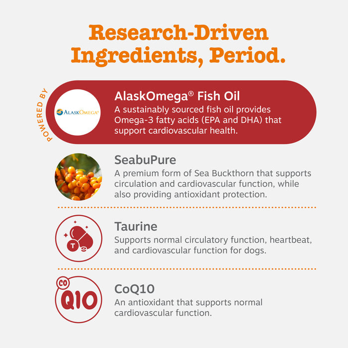Infographic listing cardio support ingredients for dogs: AlaskOmega Fish Oil, SeabuPure, Taurine, and CoQ10.