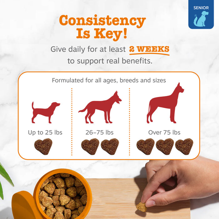 Heart-shaped dog treats in orange bowl with dosage guide showing portions for small, medium, and large dogs.
